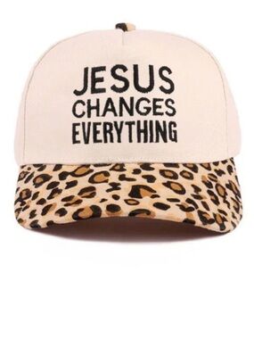Embroidered 'Jesus Changes Everything' Cap with Leopard Brim - Cream & Leopard